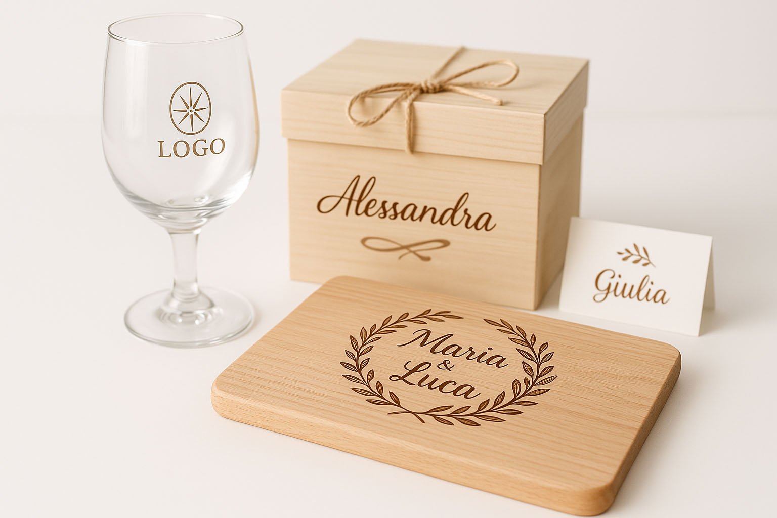 Tagliere inciso personalizzato, bicchiere con logo e bomboniera artigianale – incisioni laser NomeLogo.it Made in Italy